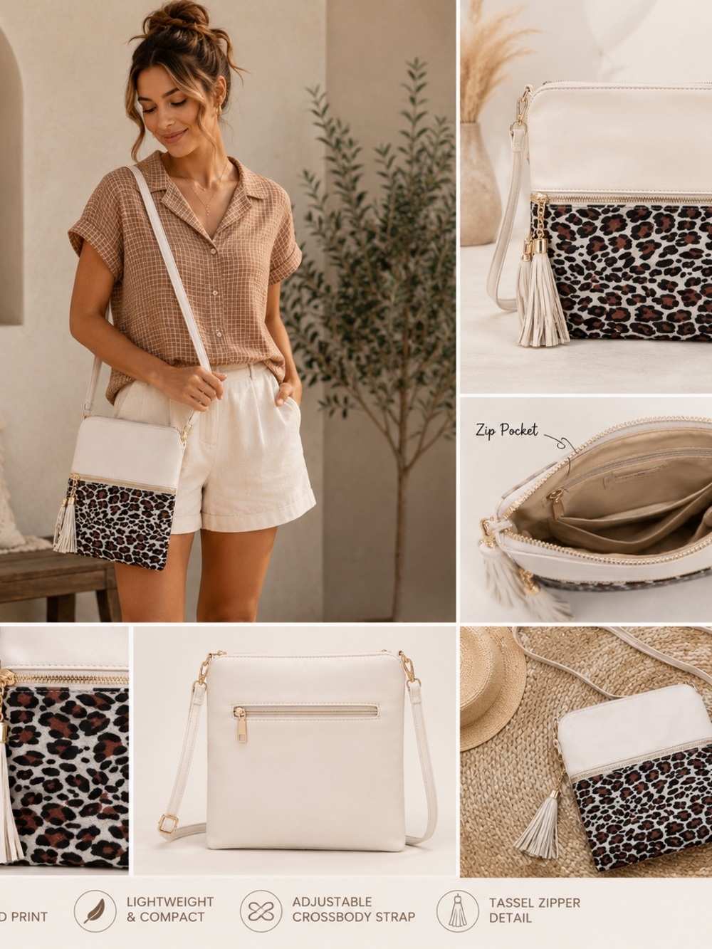 New Leopard Print Shoulder/Crossbody Bag with White Trim